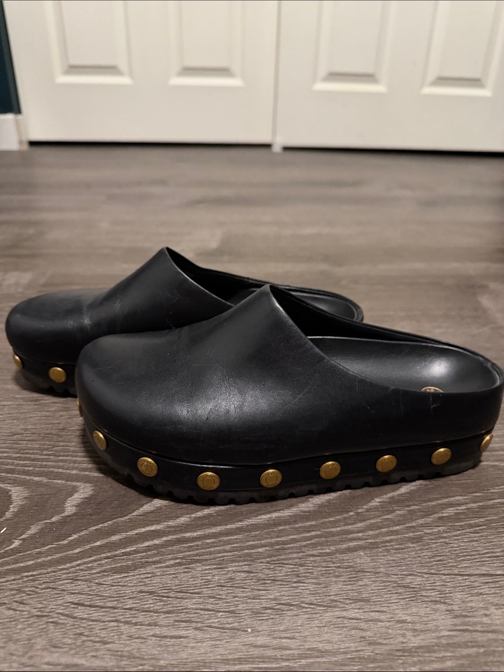 Tory Burch Black Leather Slip-On Mules with Gold Accents - Picture 6 of 8
